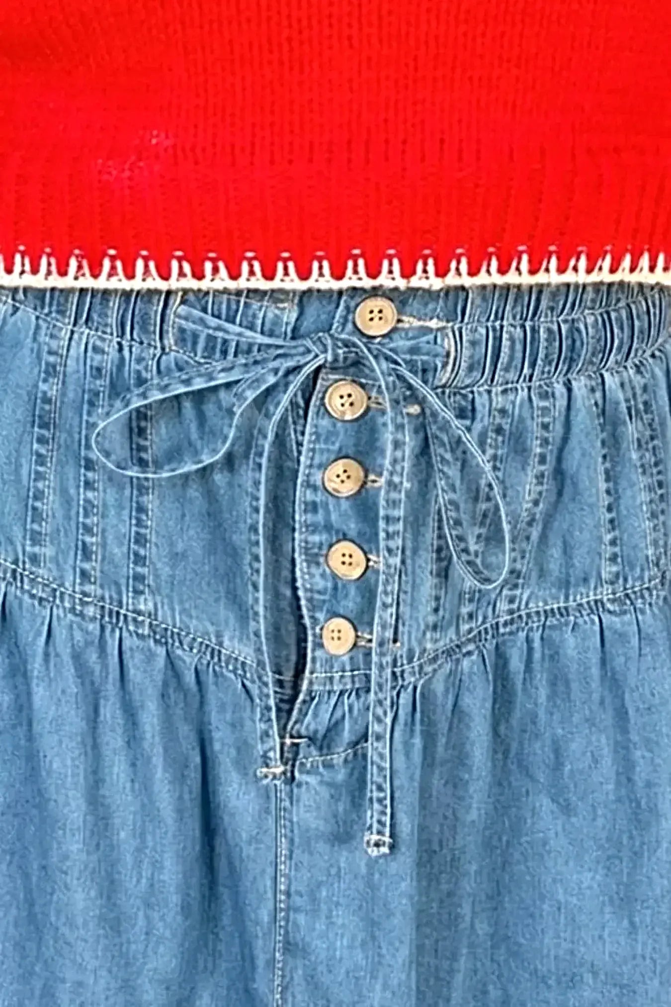 Button-Front Ruffle Hem Denim Skirt -