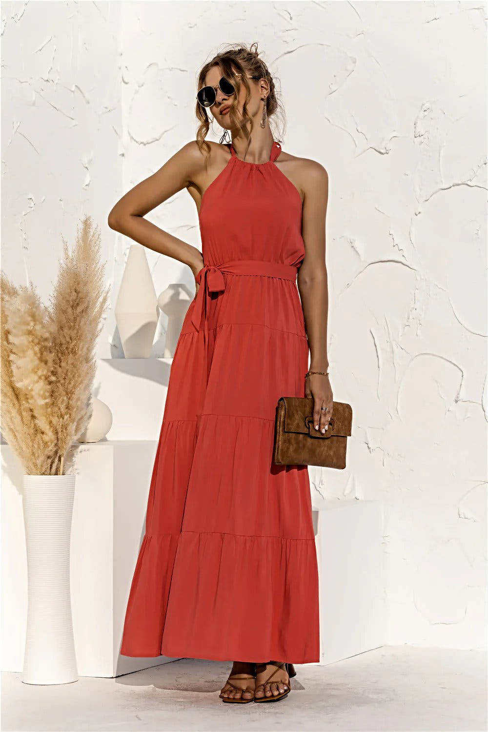 Halter Neck Tie Waist Tiered Maxi Dress -
