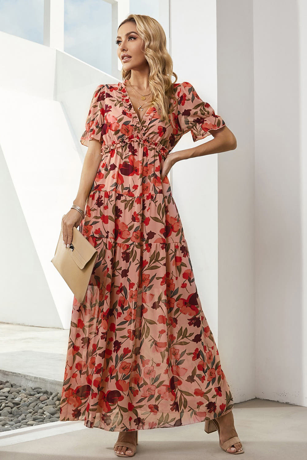 Elegant Floral V-Neck Dress with Short Flounce Sleeves, A-Line Maxi Length, 100% Polyester Trendsi