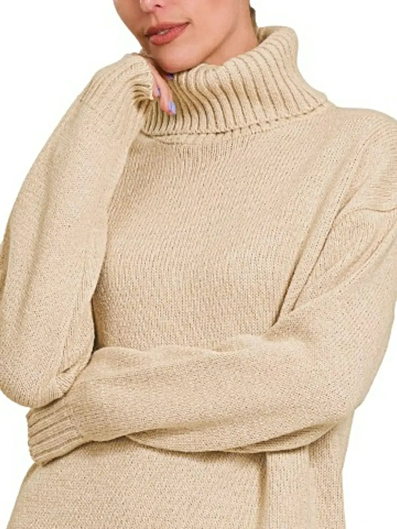 Zenana Turtle Neck Long Sleeve Midi Sweater Dress -