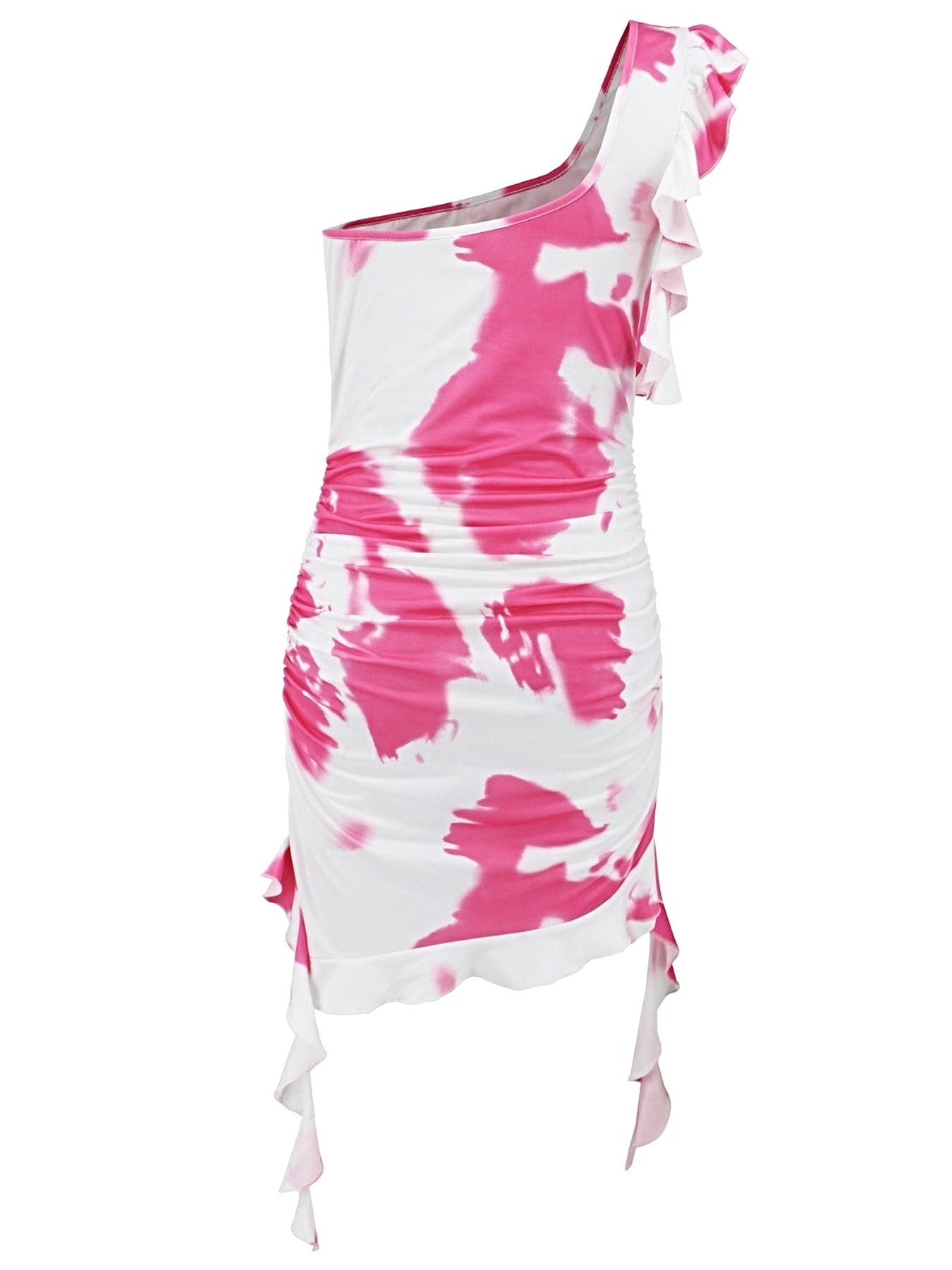 Ruffled Tie-Dye Single Shoulder Mini Dress -