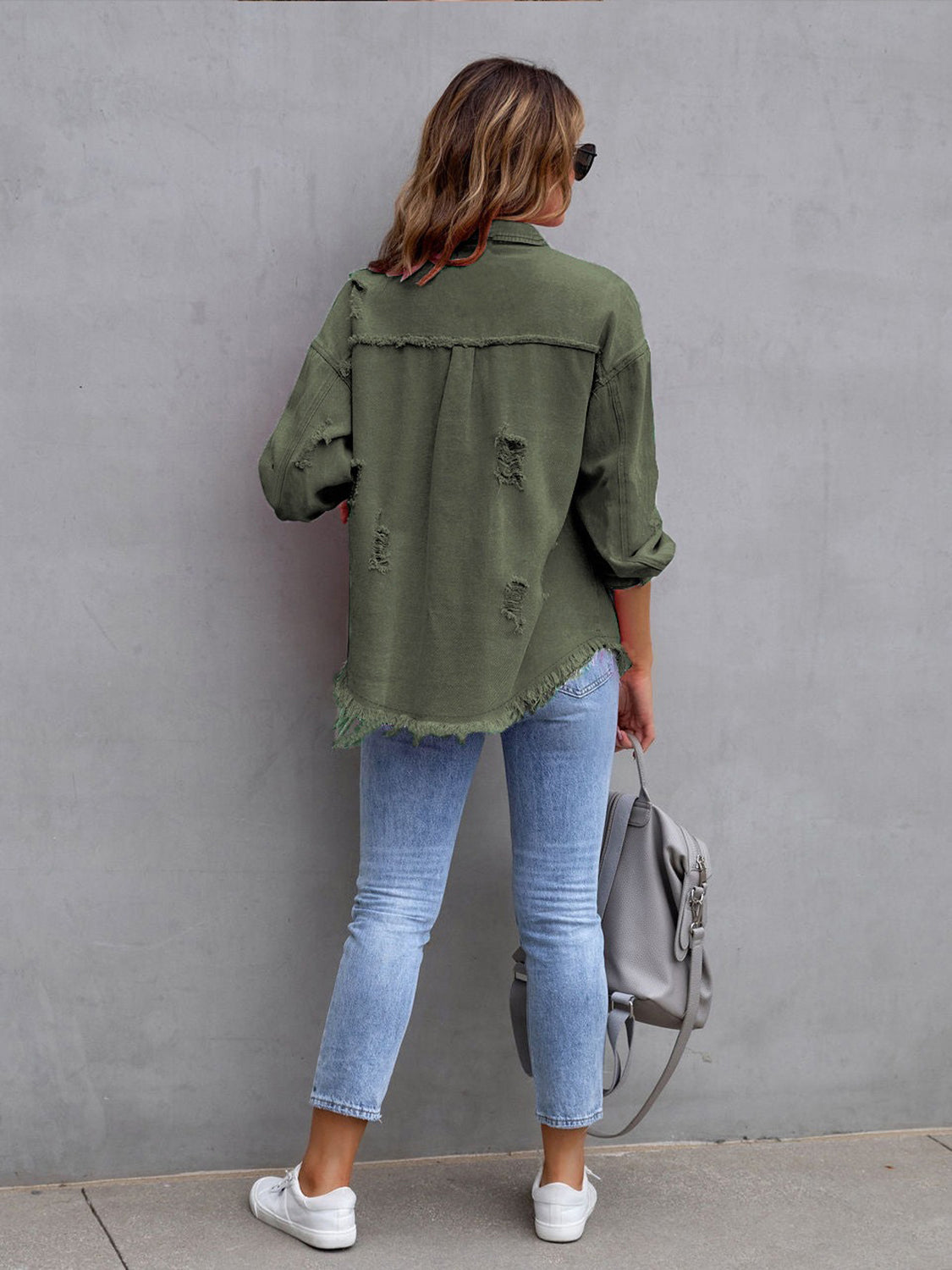 Distressed Drop Shoulder Denim Jacket -