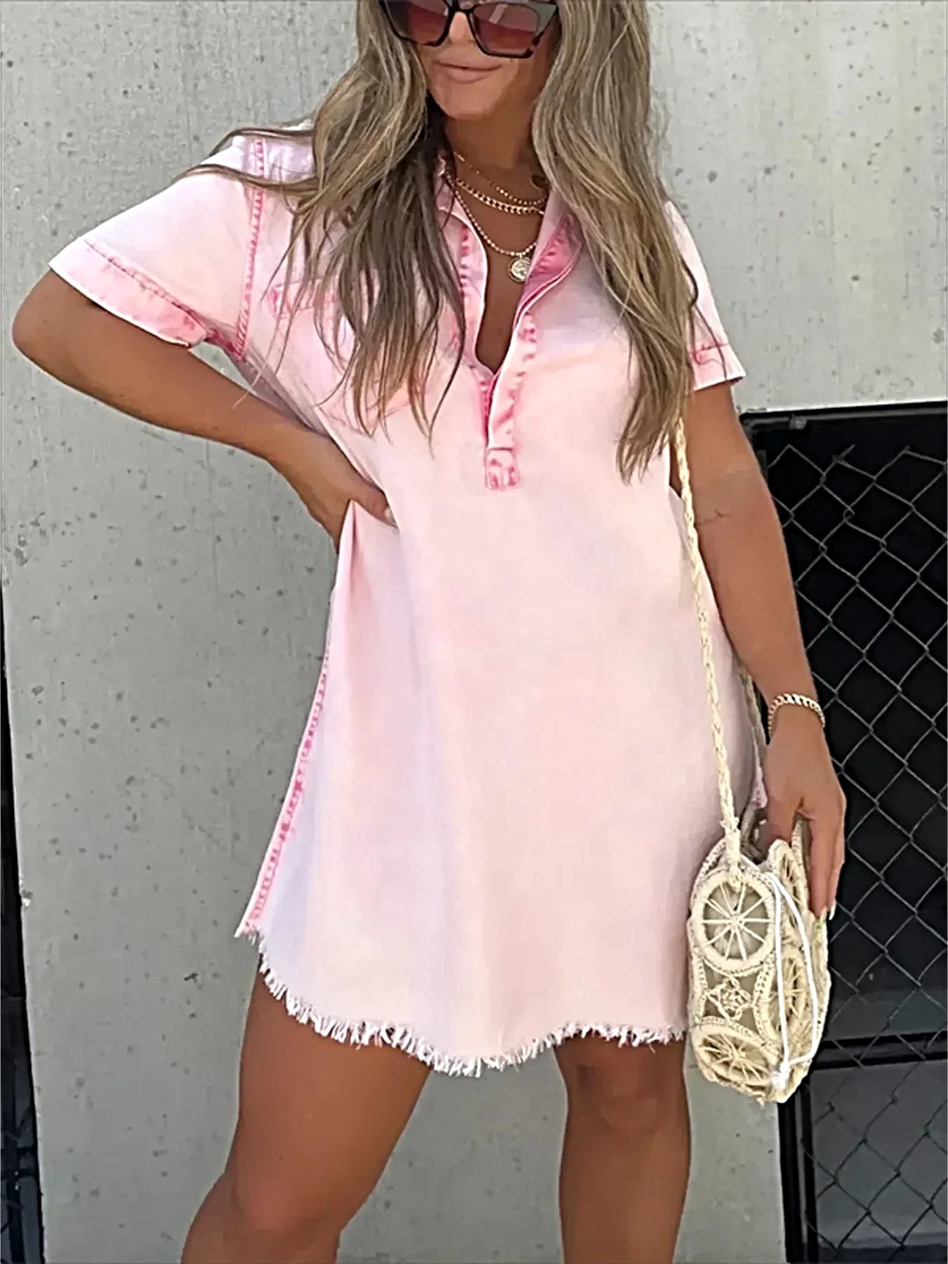 Full Size Raw Hem Short Sleeve Denim Dress Plus Size -