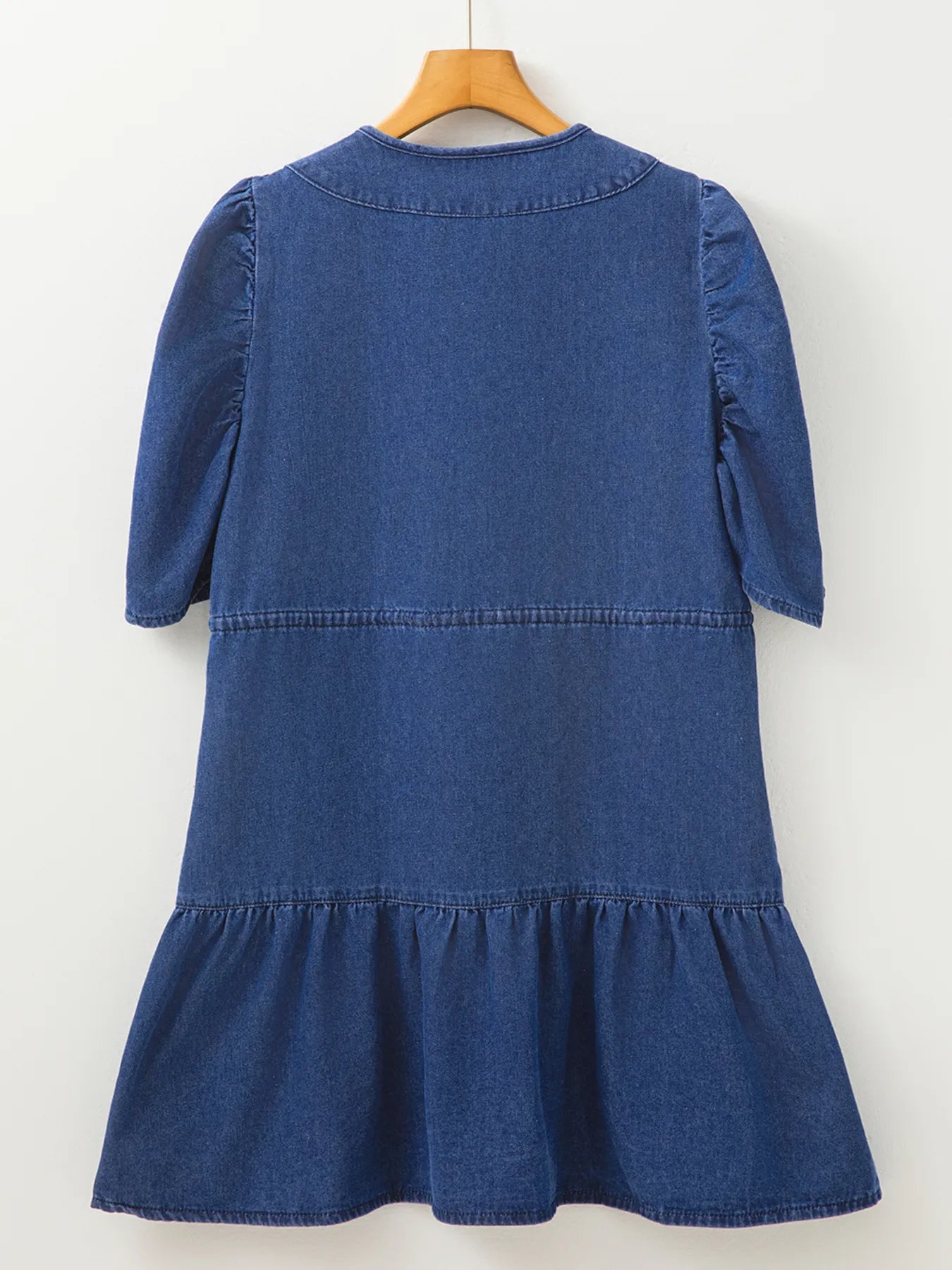 Drawstring High Waist Puff Sleeve Denim Mini Dress -