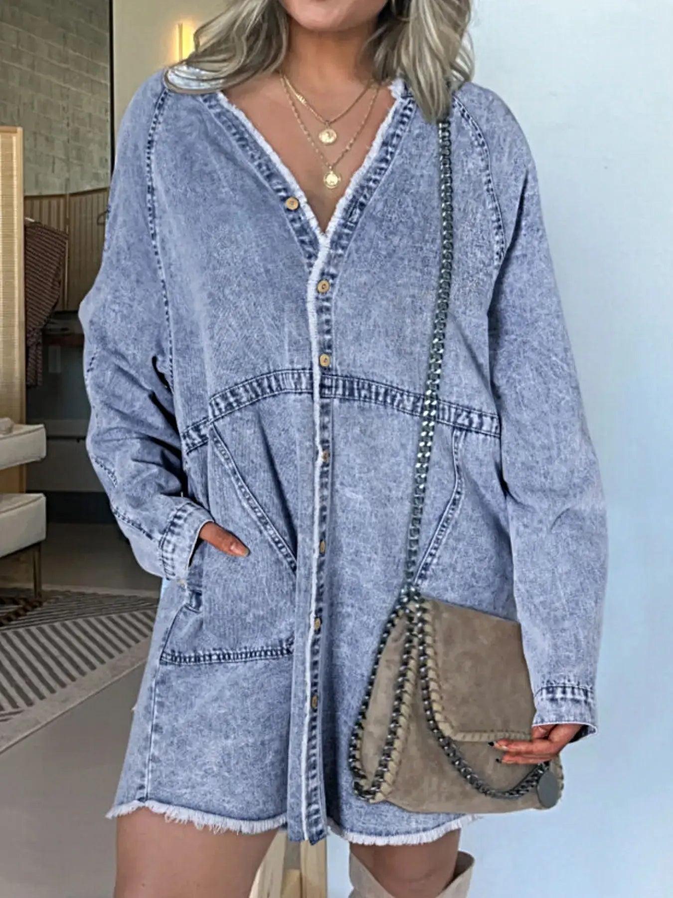 Full Size Button-Front Long Sleeve Denim Shirt Dress Plus Size -