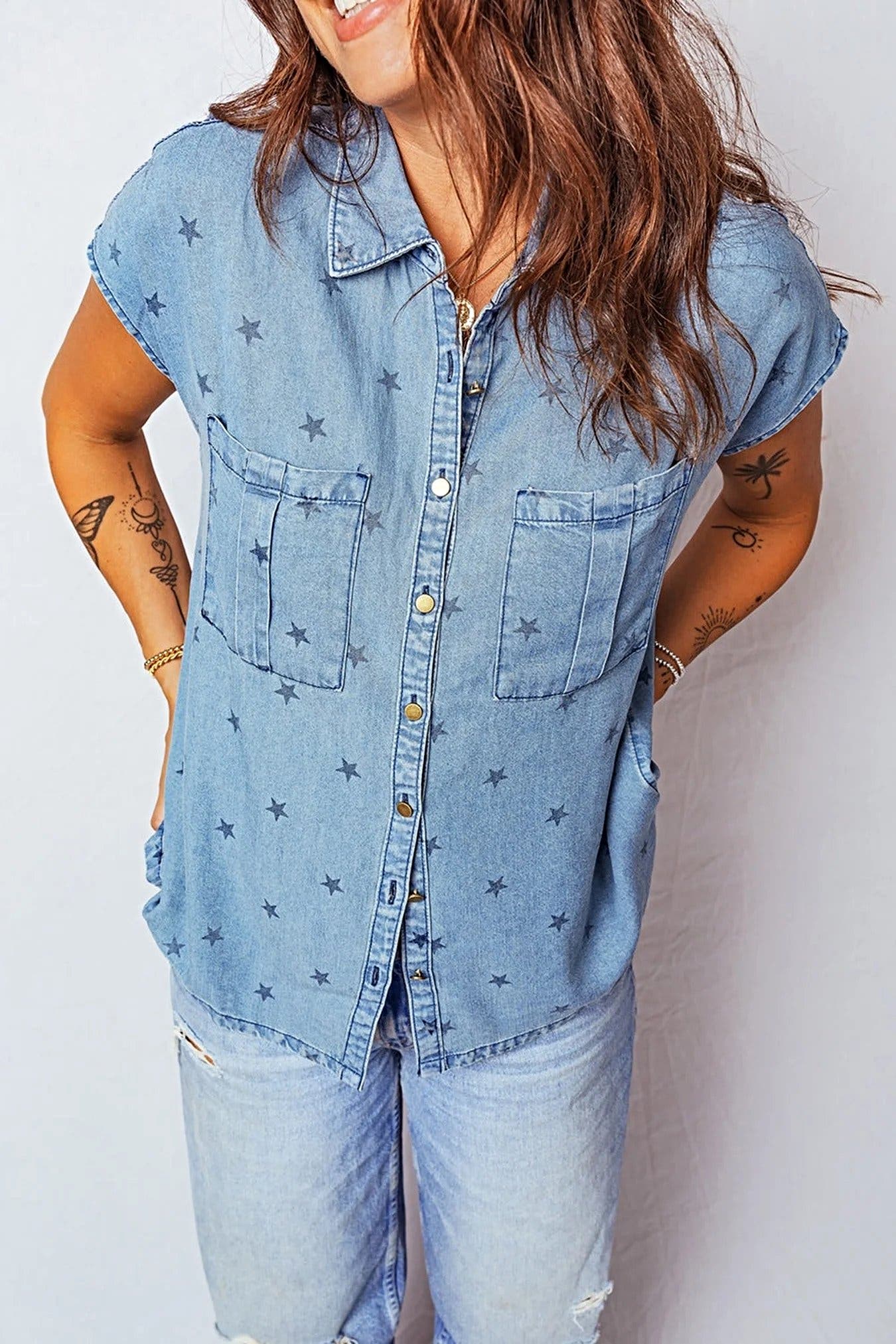 Double Chest Pocket Short Sleeve Denim Shirt -