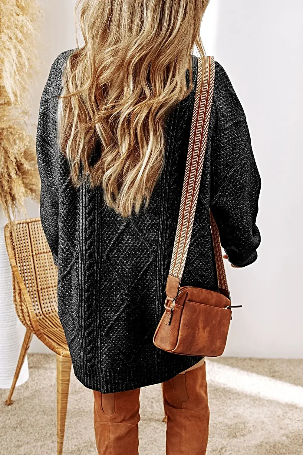 Cable-Knit Round Neck Sweater Dress -