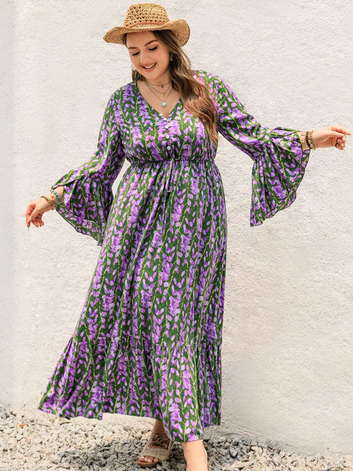 Plus Size Printed V-Neck Long Sleeve Maxi Dress Trendsi