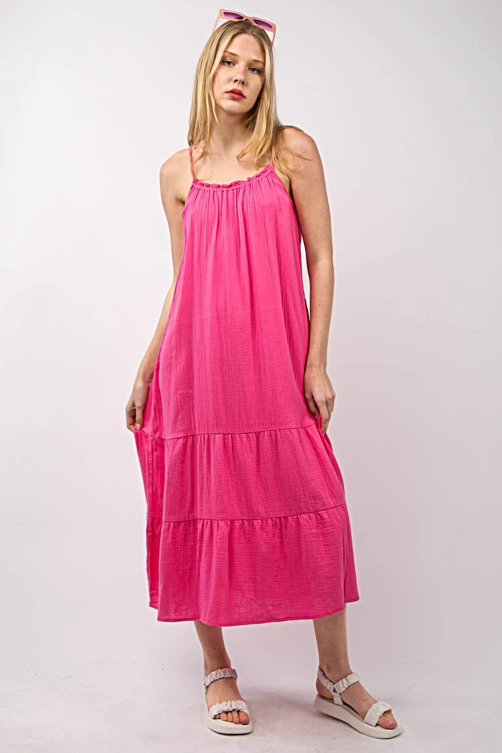 Elegant Ruffled A-Line Midi Dress with Sleeveless Design and Side Pockets, 100% Cotton Trendsi