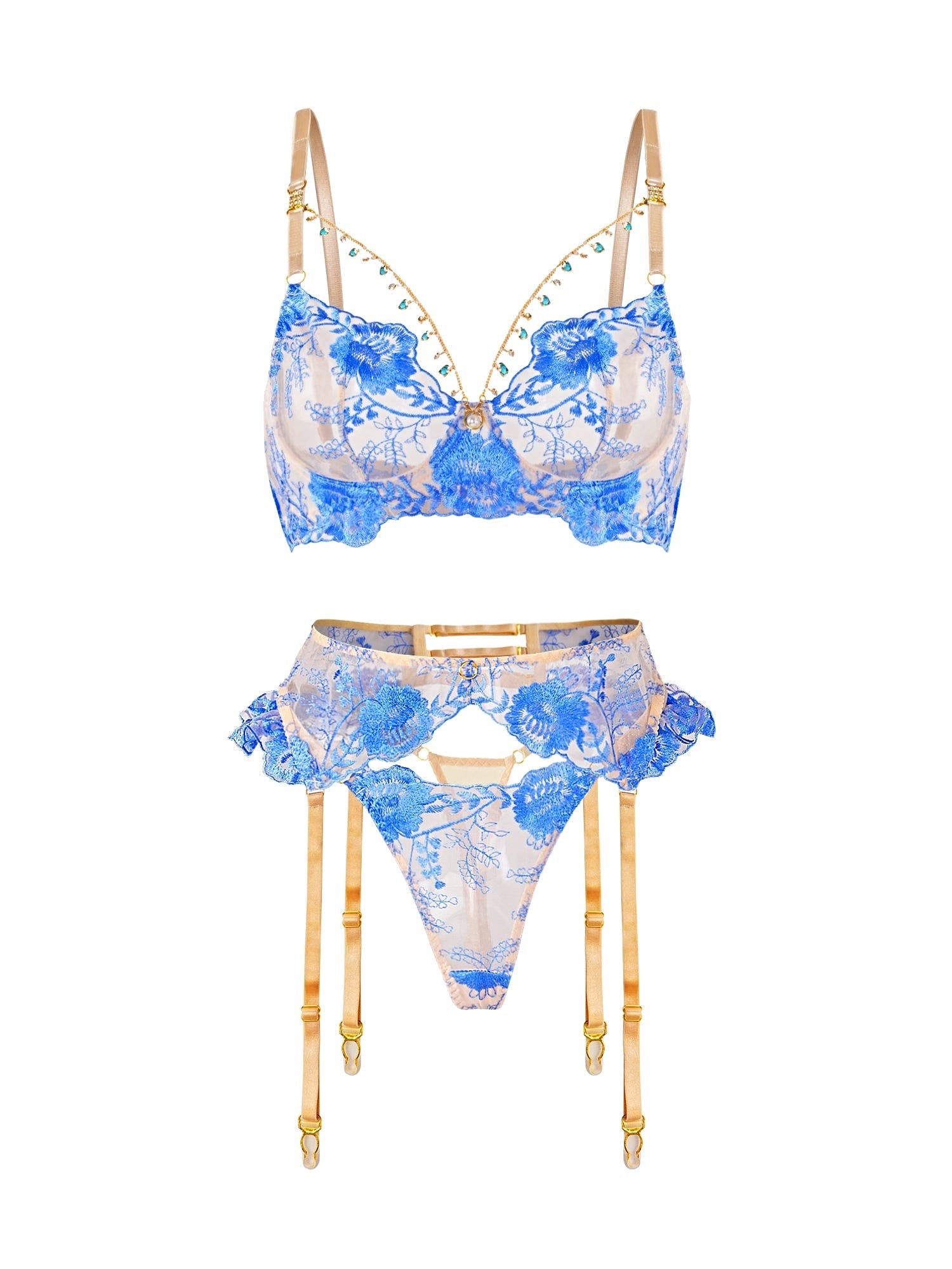 Azure Bloom Chain-Detail Embroidered Lingerie Set - 3 pcs set