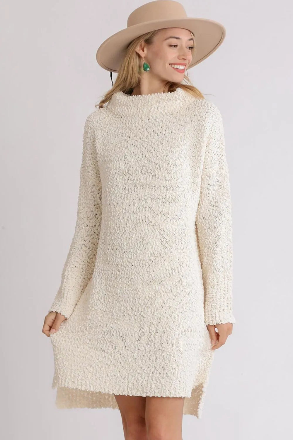 Umgee Full Size High Low Long Sleeve Boucle Sweater Dress Plus Size -