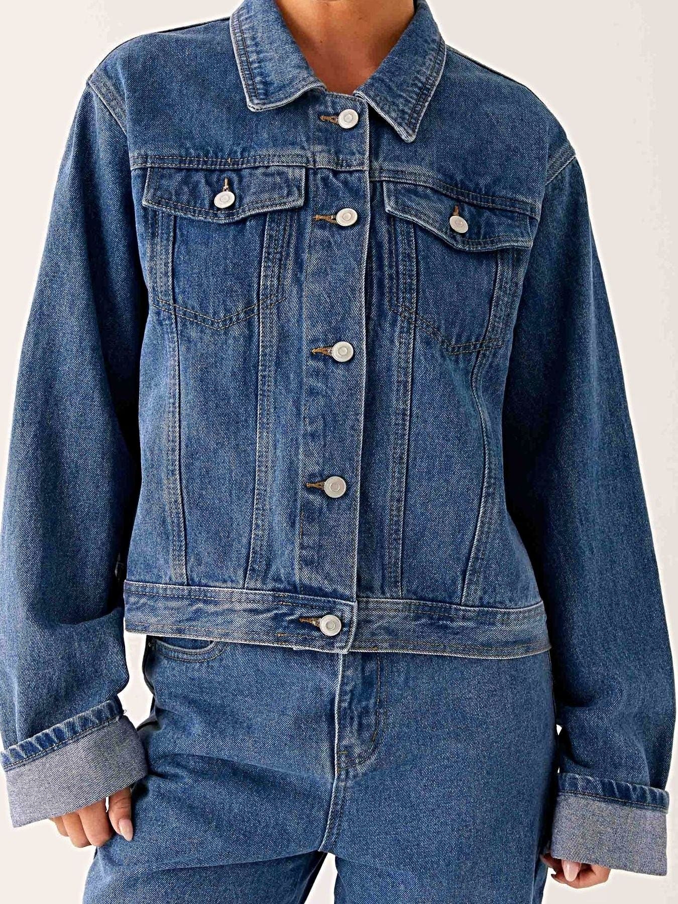 Button Down Cropped Oversized Denim Jacket -