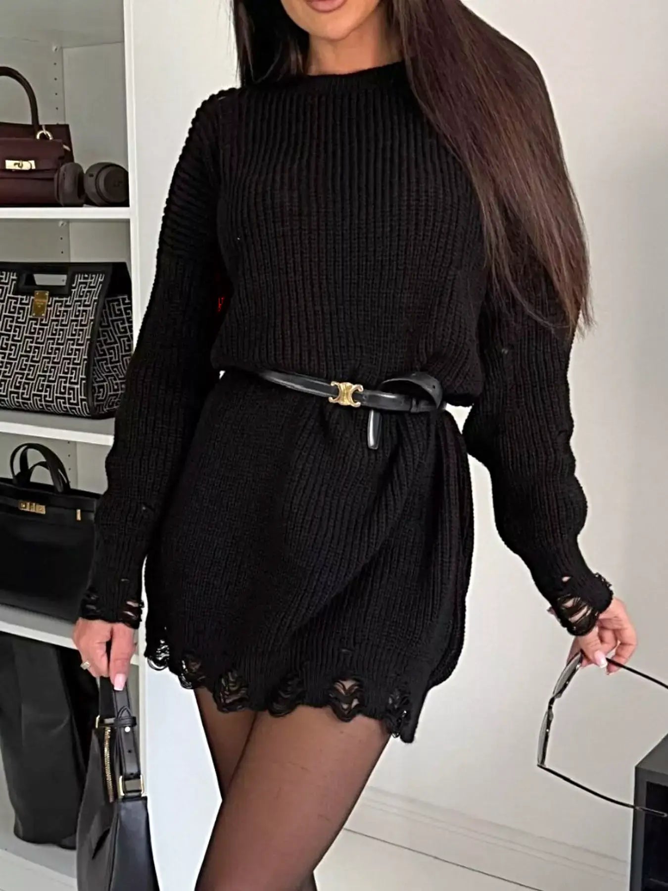 Distressed Round Neck Drop Shoulder Sweater Dress -