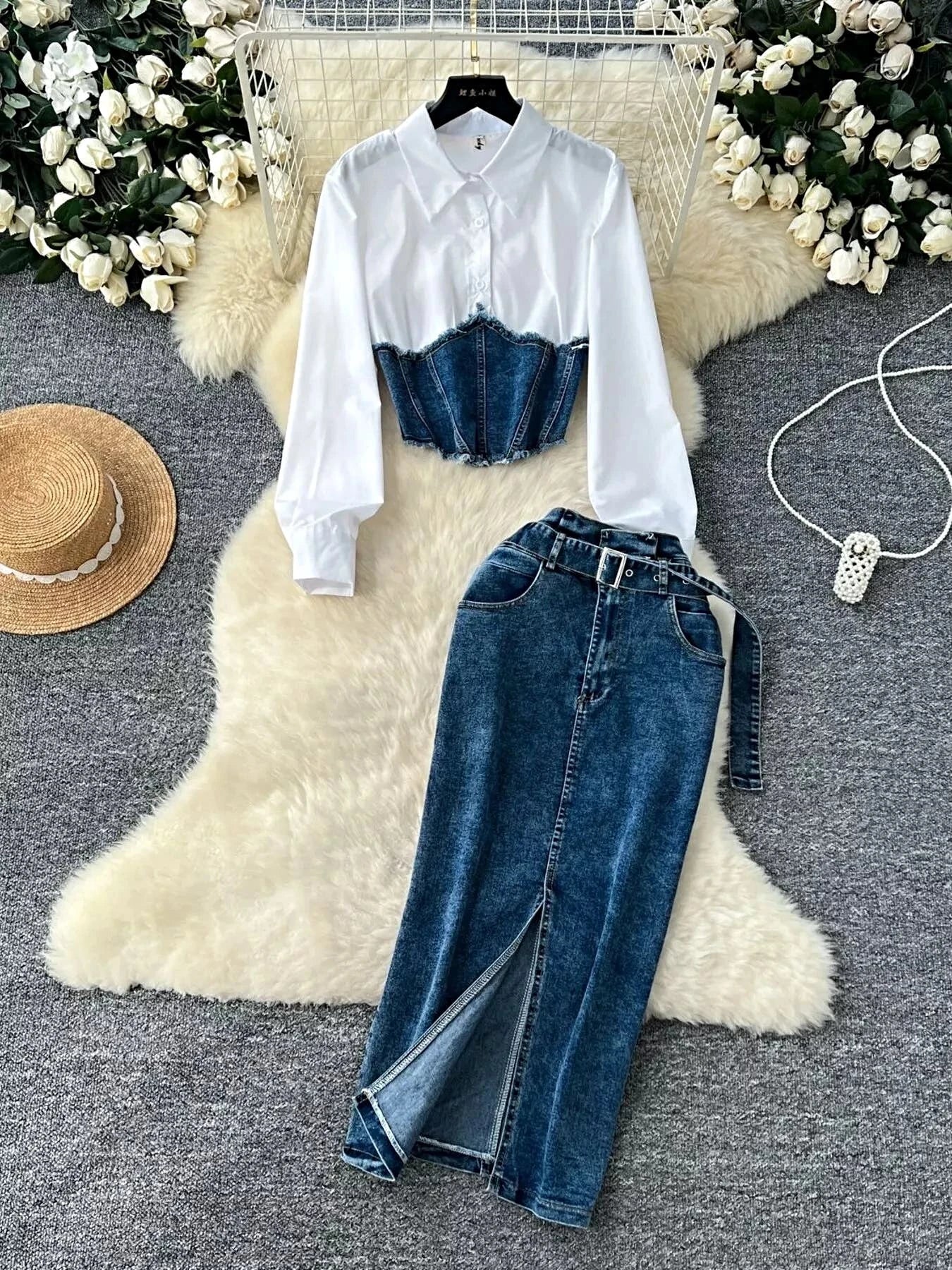 Frayed Denim Patchwork Top & Slit Maxi Skirt Denim Set -