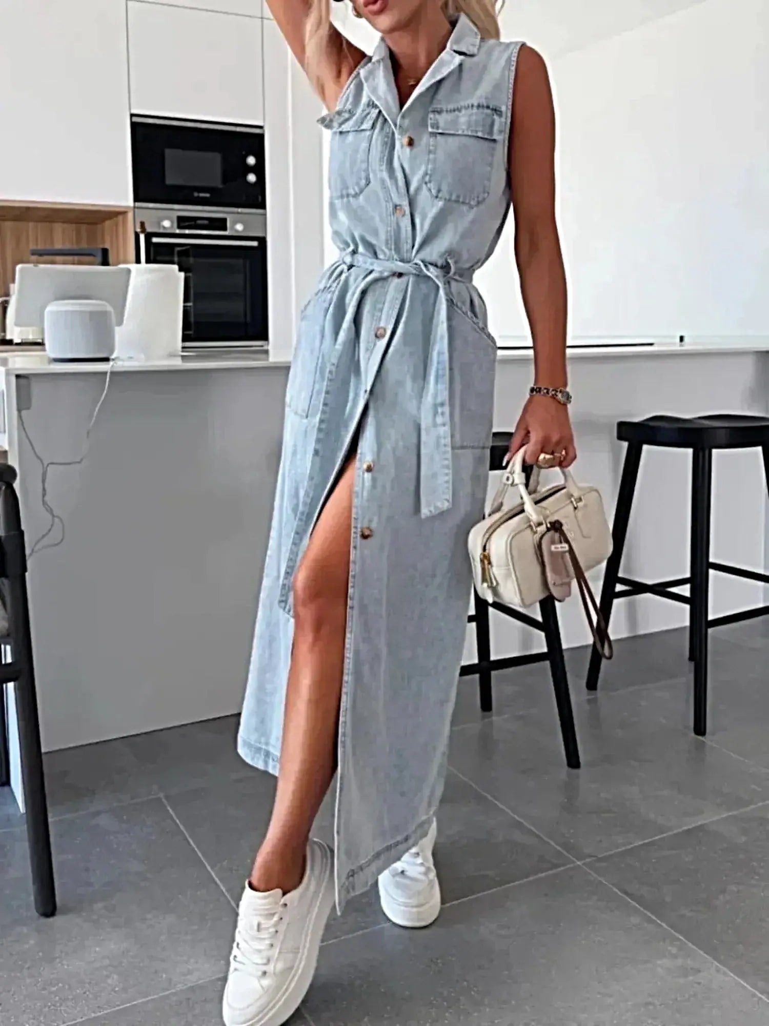 Button Front Sleeveless Denim Dress -