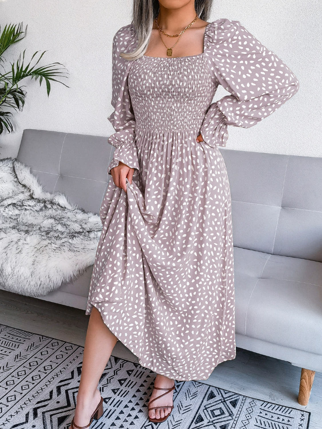 Smocked Square Neck Flounce Sleeve Dress -