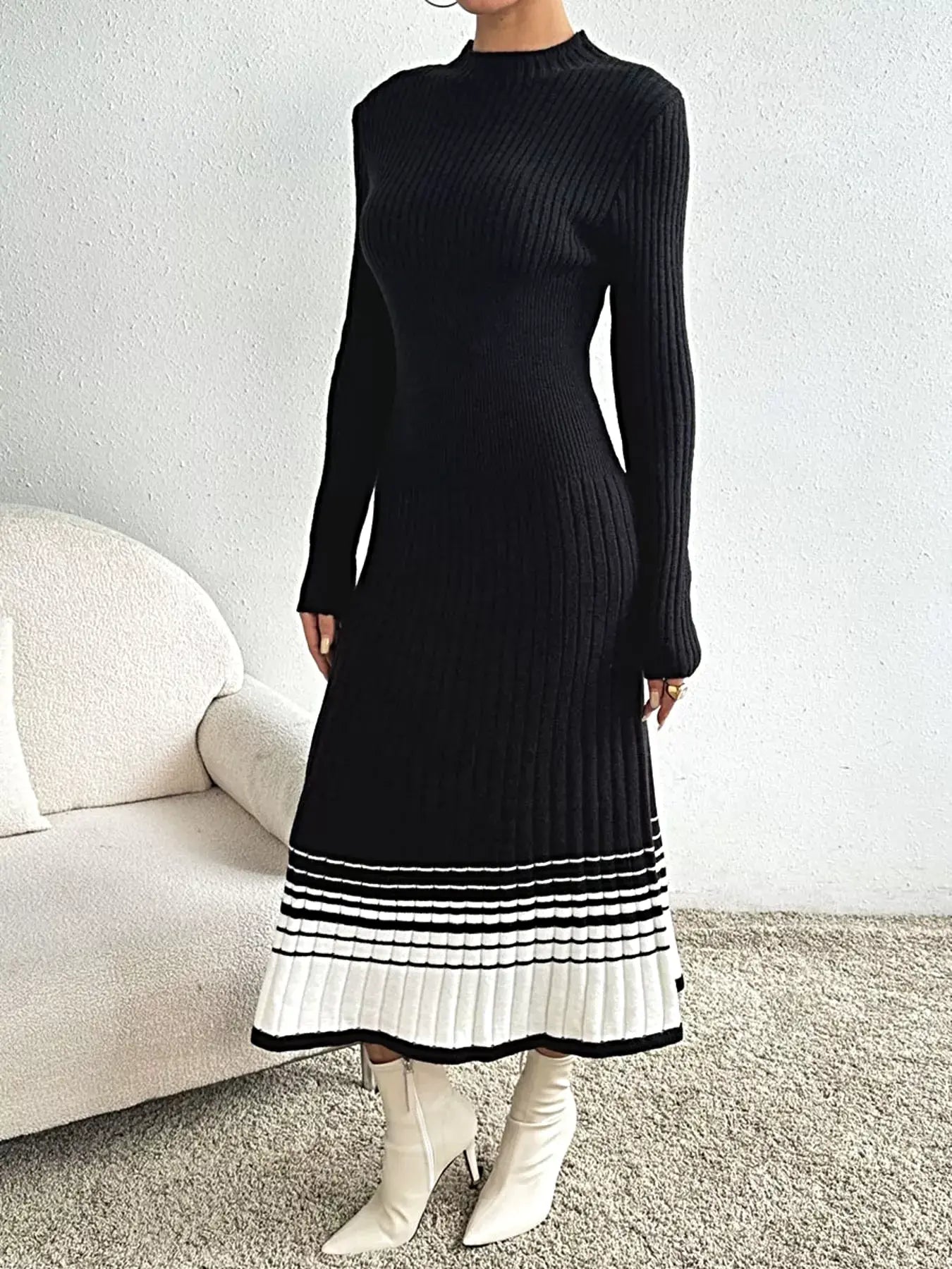 Ribbed Knit Sweater Dress with Striped Hem -
