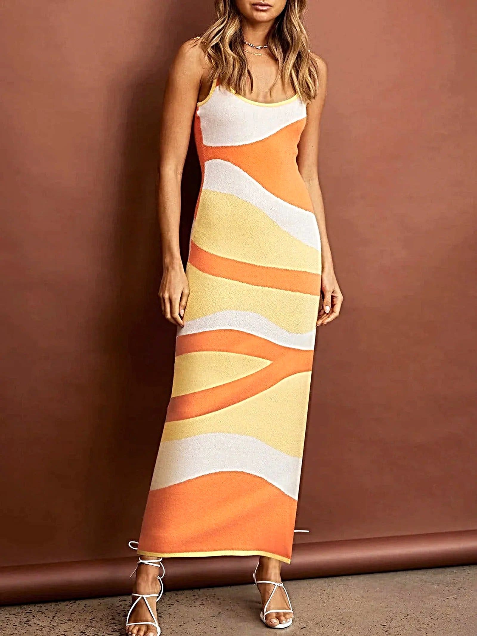 Spaghetti Strap Maxi Sweater Dress - Highly Stretchy, 100% Polyester, Machine Washable -
