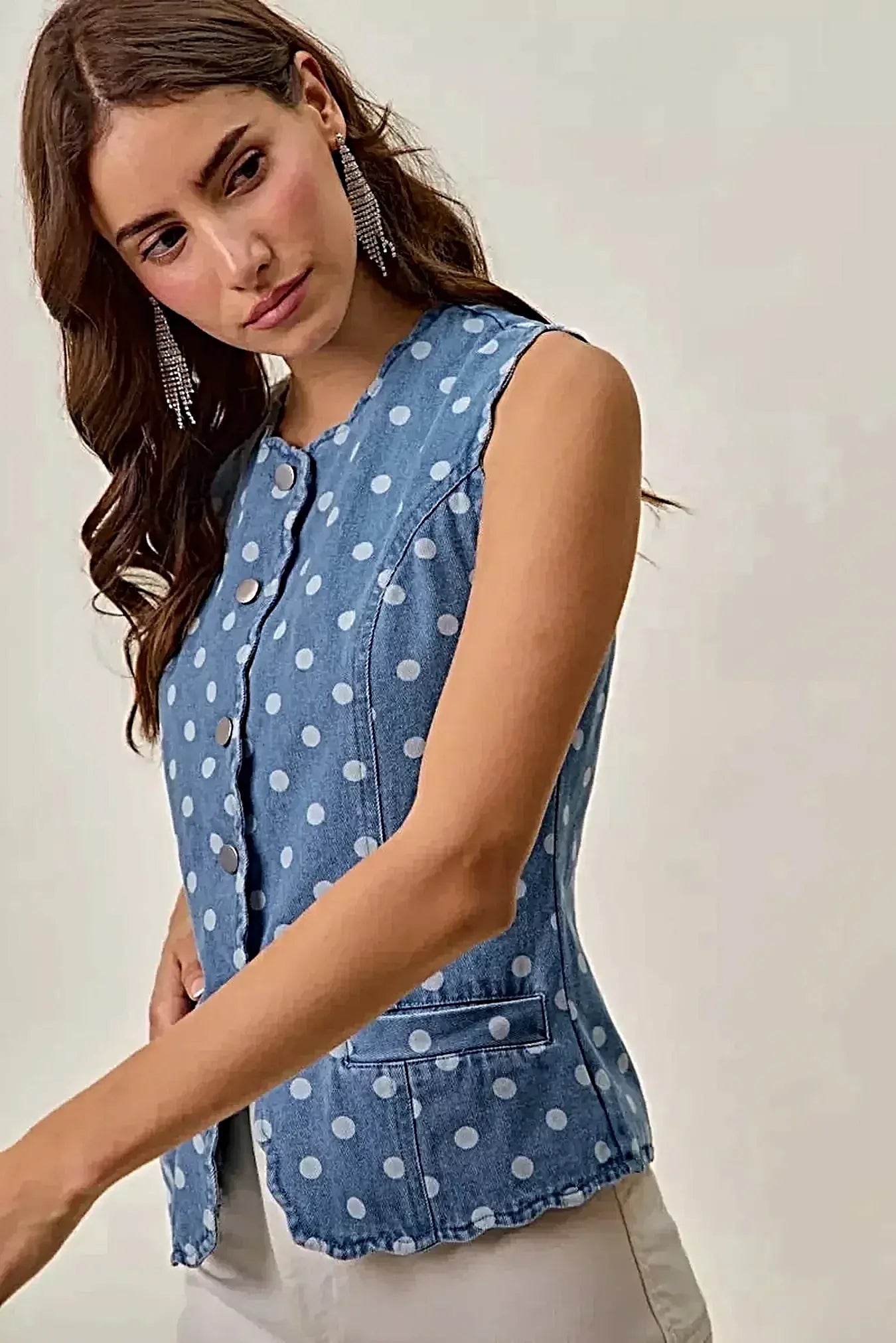 SO ME Polka Dot Denim Scallop Edge Button Down Vest Top -