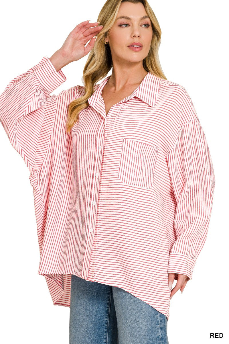 Zenana Woven Stripe Button Down Shirt -