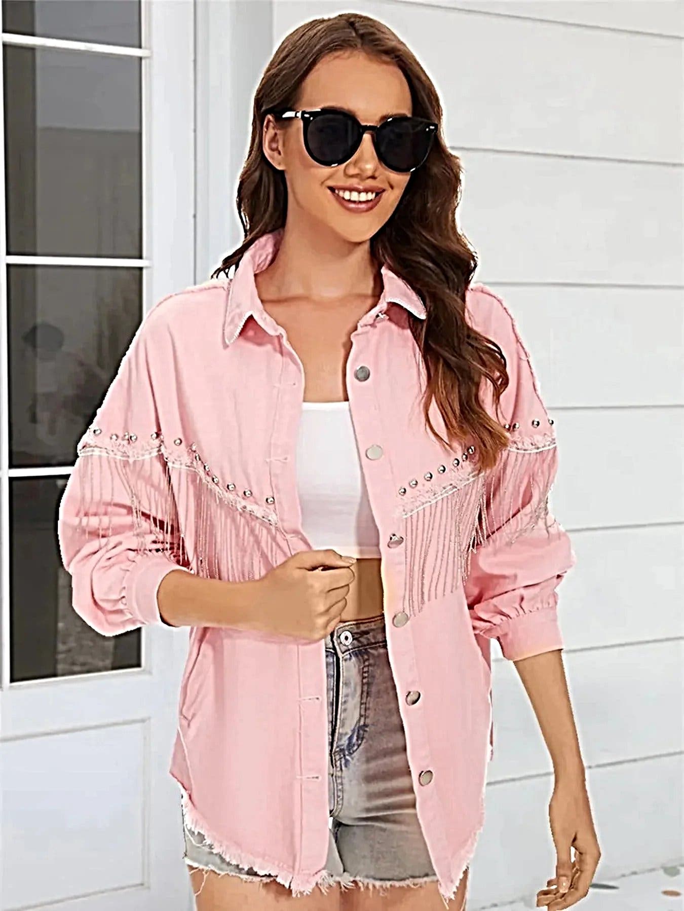 Raw Hem Fringe Detail Denim Jacket -