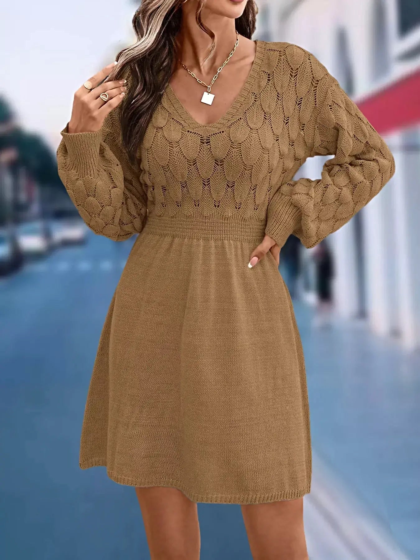 V-Neck Long Sleeve Sweater Dress -
