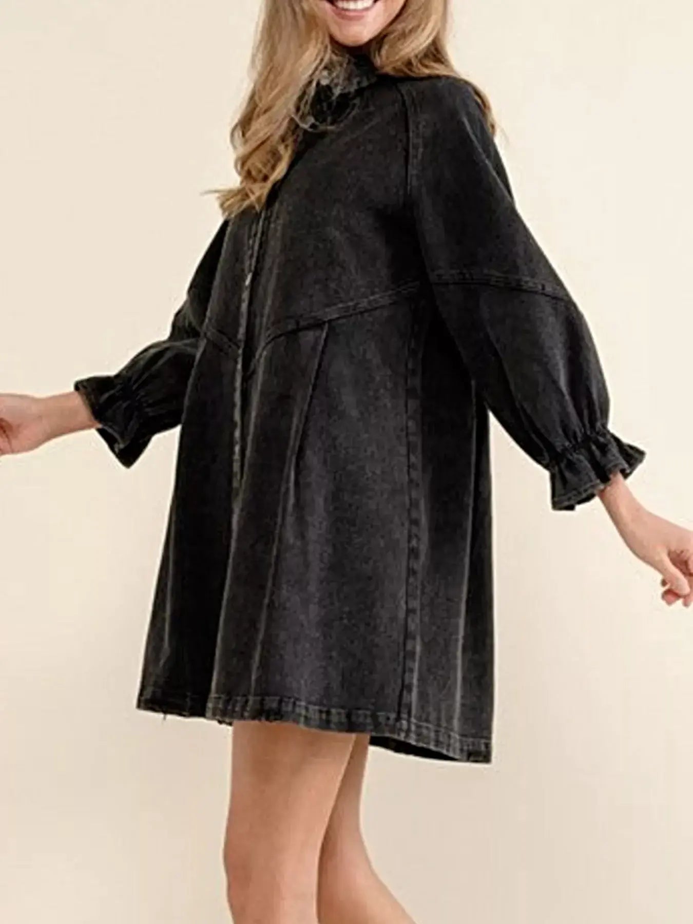 Ruffled Cuff Button-Down Denim Dress -