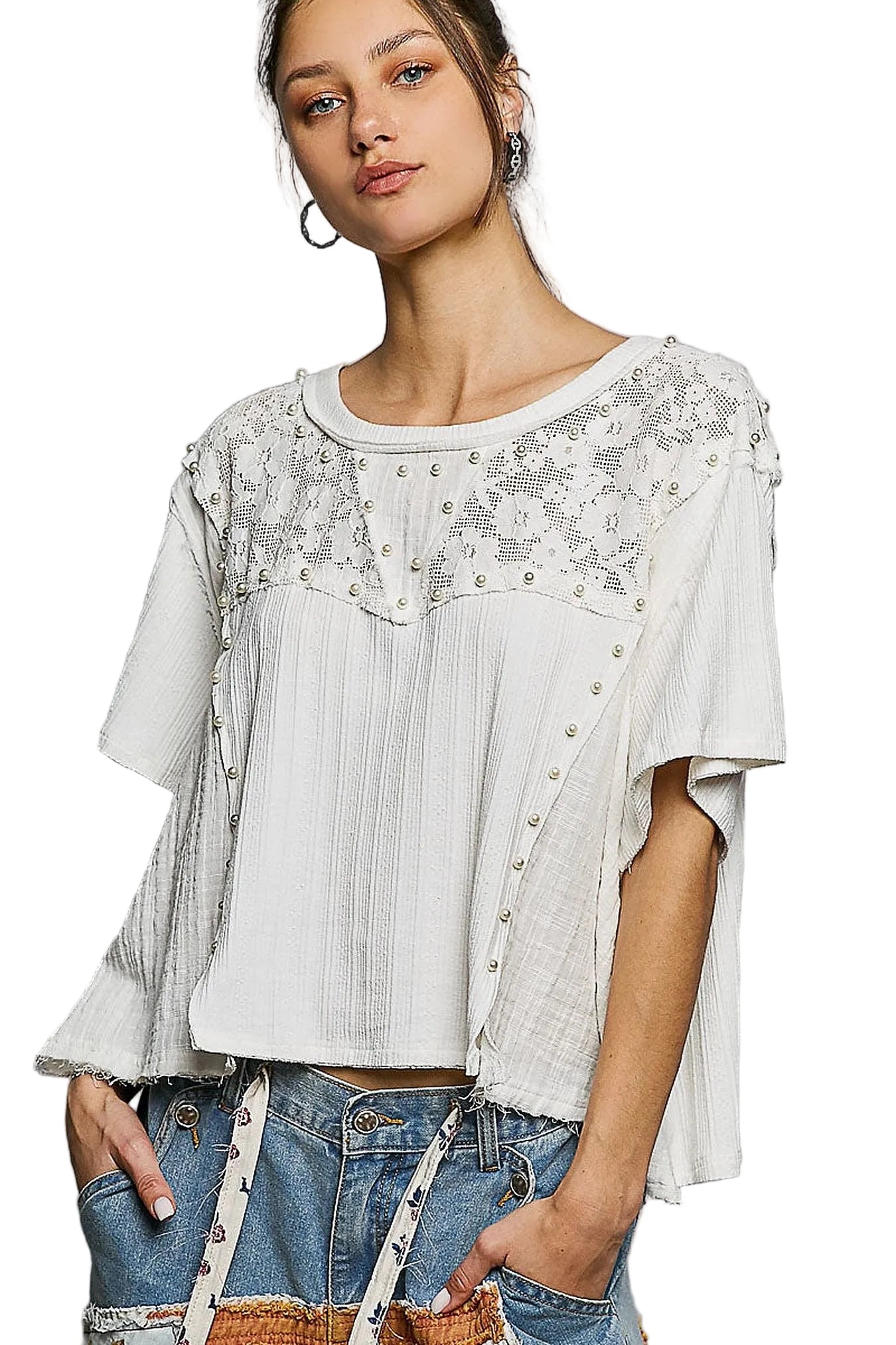 POL Lace Pearl Stud Round Neck Short Sleeve Shirt -