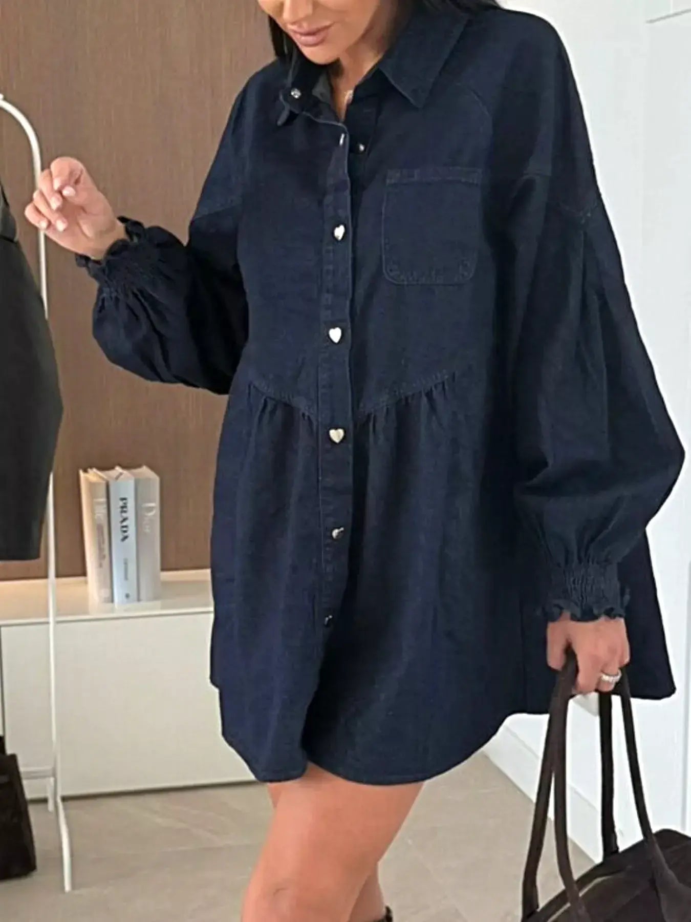 Button Down Mini Denim Dress with Front Pockets -