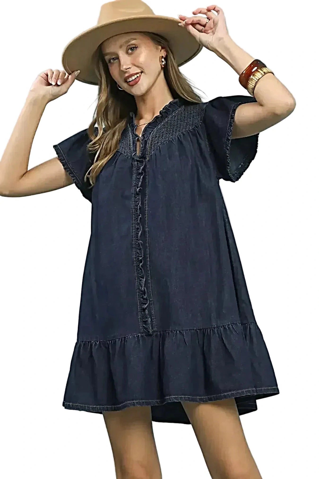 Umgee Ruffled Washed Denim Dress -