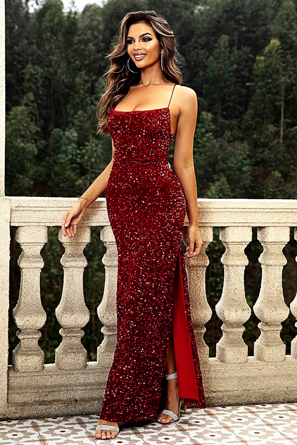 Elegant Backless Maxi Evening Dress With Sequin Details and Slit - Trendy Lace-Up Style Trendsi