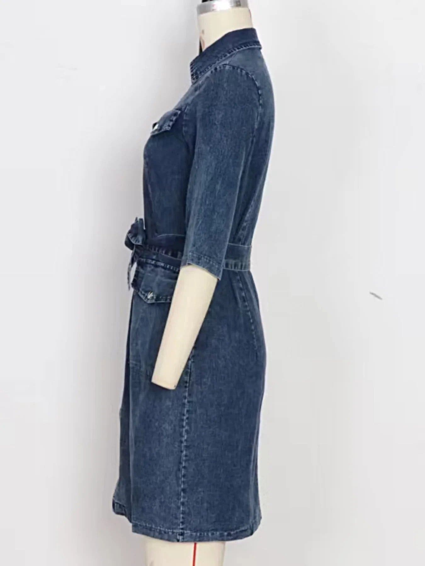 Zipper Front Short Sleeve Denim Dress -