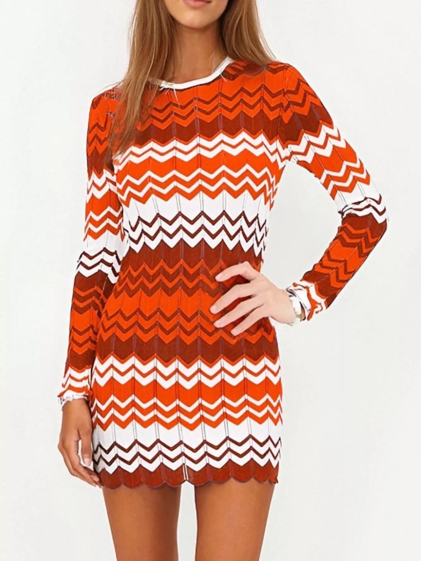 Openwork Wave Pattern Long Sleeve Sweater Dress -