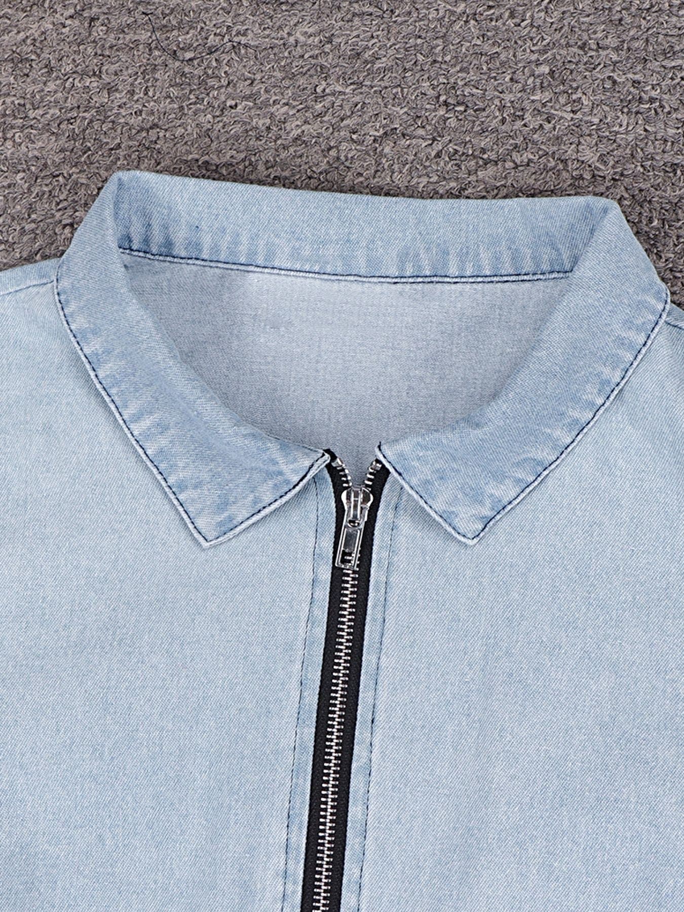 Zip Front Short Sleeve Denim Dress -