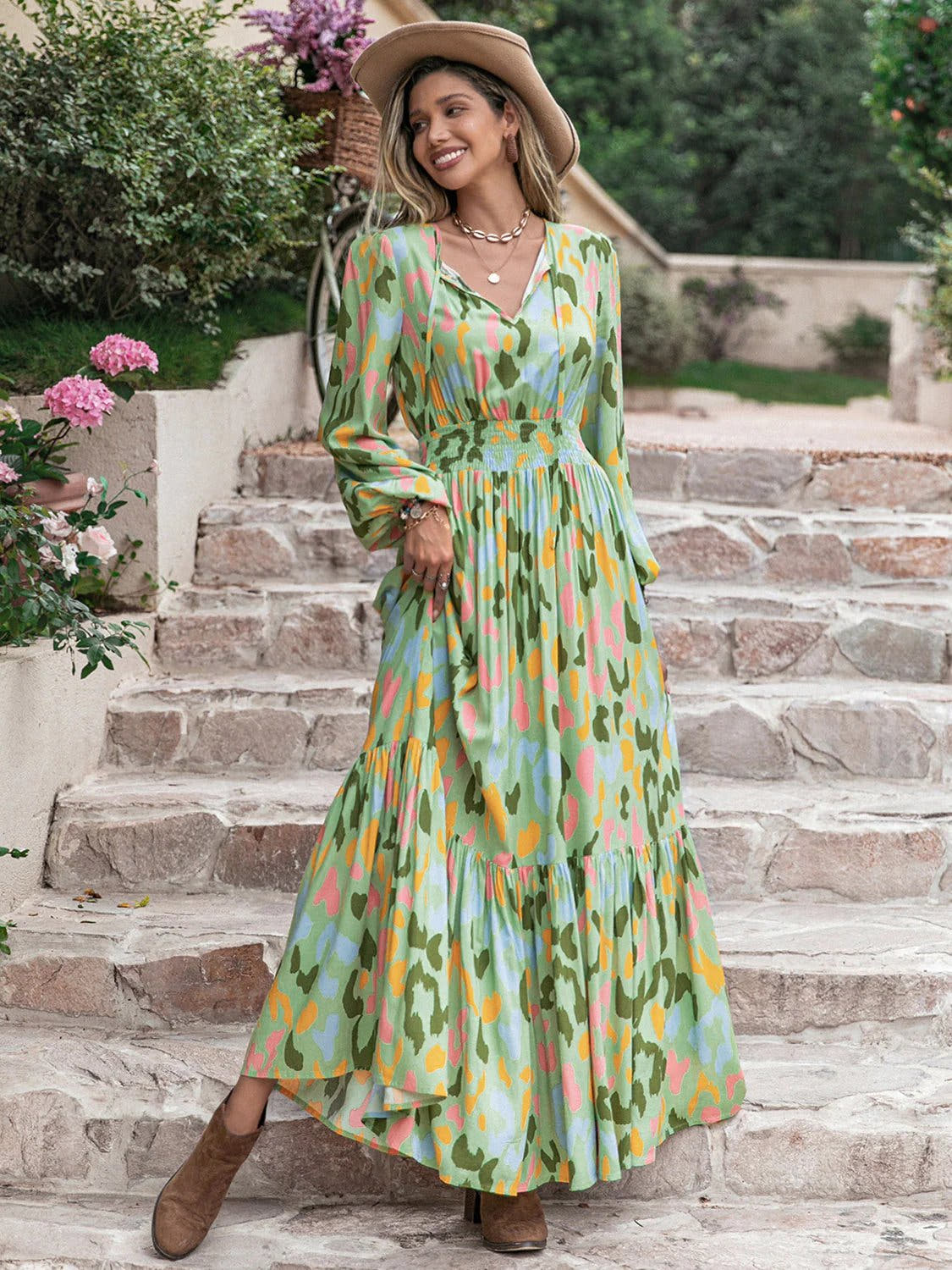 Chic Multicolored Maxi Dress With Tie Neck And Long Sleeves - Smocked A-Line Design Trendsi