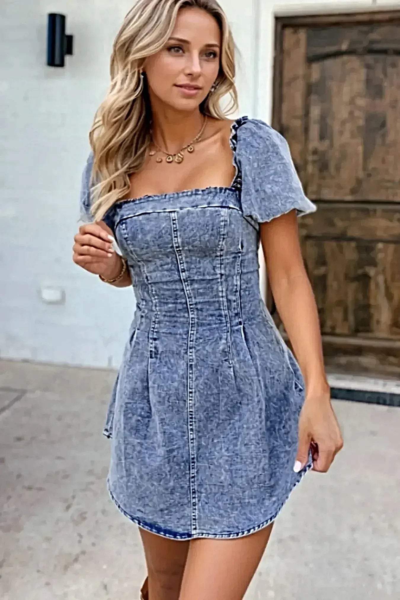 Tie Back Square Neck Puff Sleeve Denim Dress -