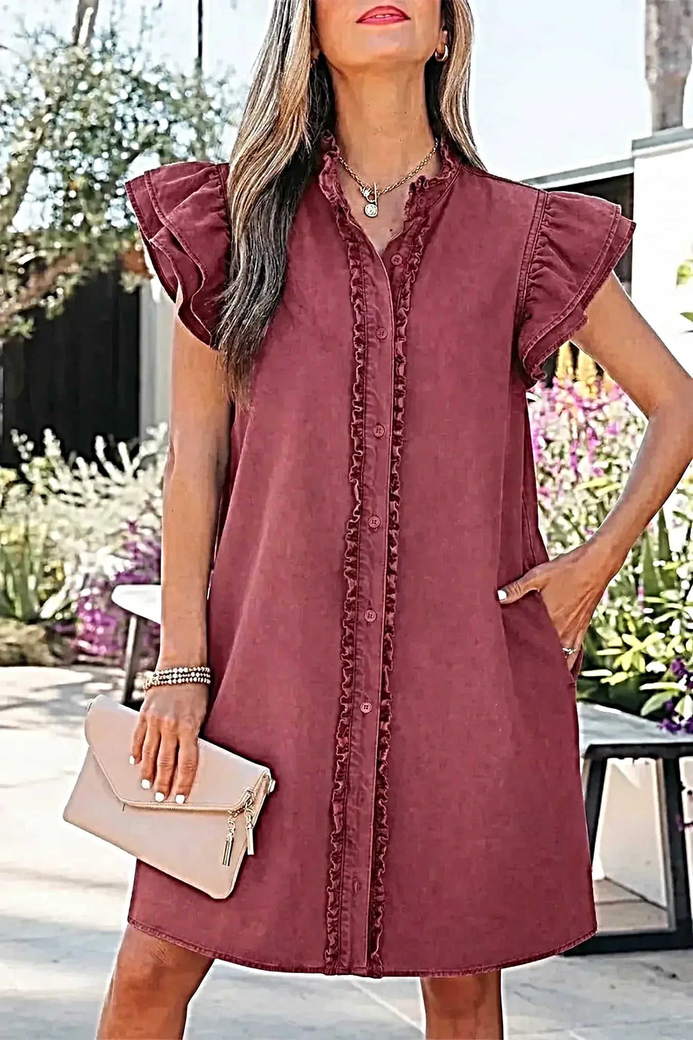 Frilled Detail Button Down Ruffle Short Sleeve Denim Mini Dress -