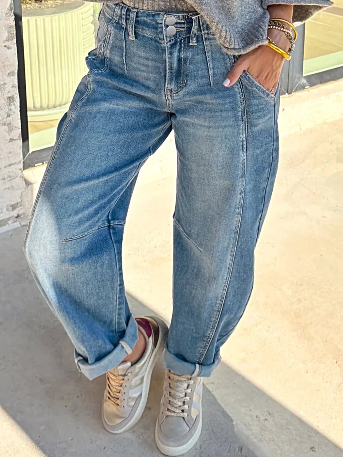 Washed Cuffed Barrel Jeans -