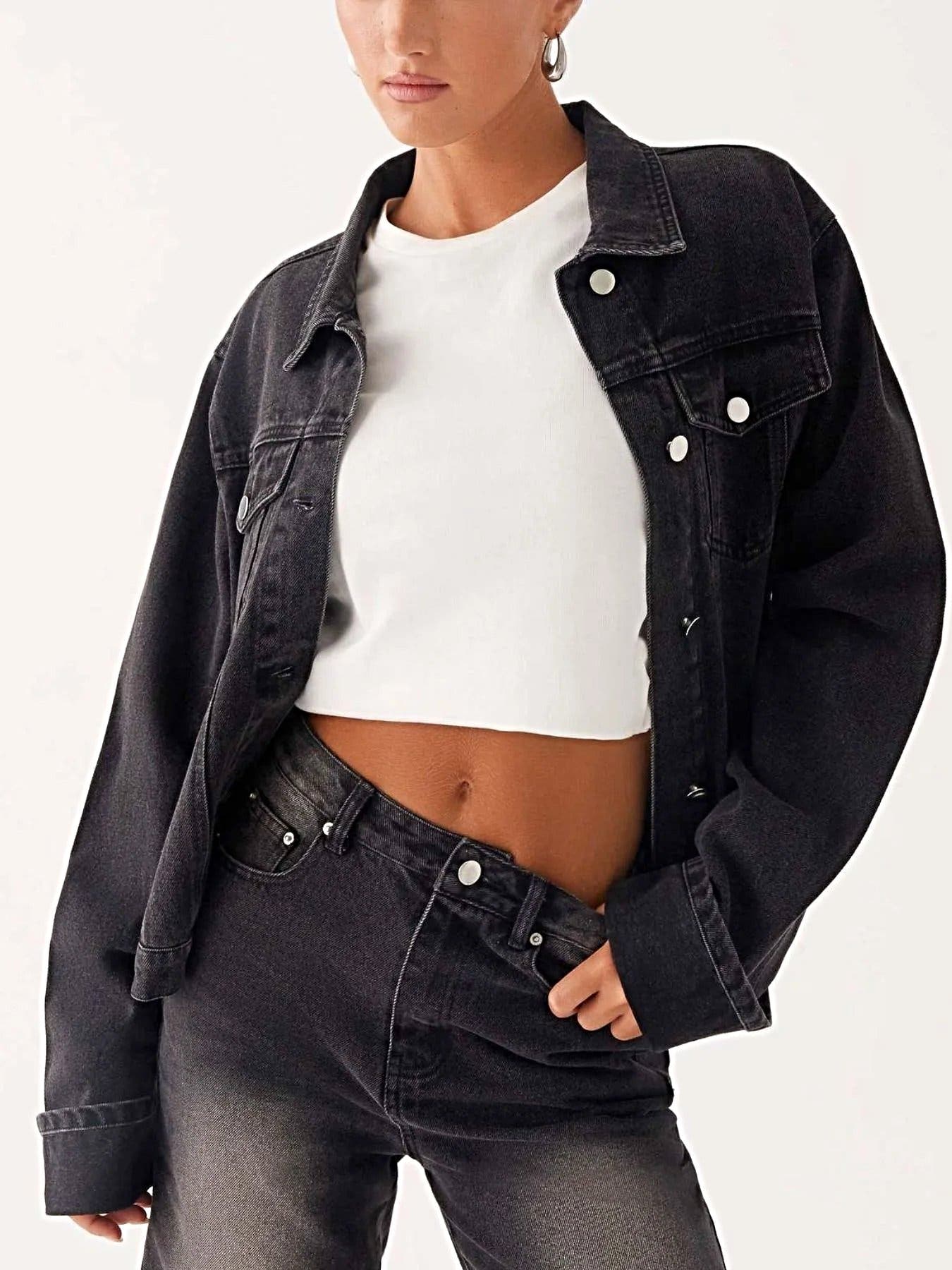 Button Down Cropped Oversized Denim Jacket -