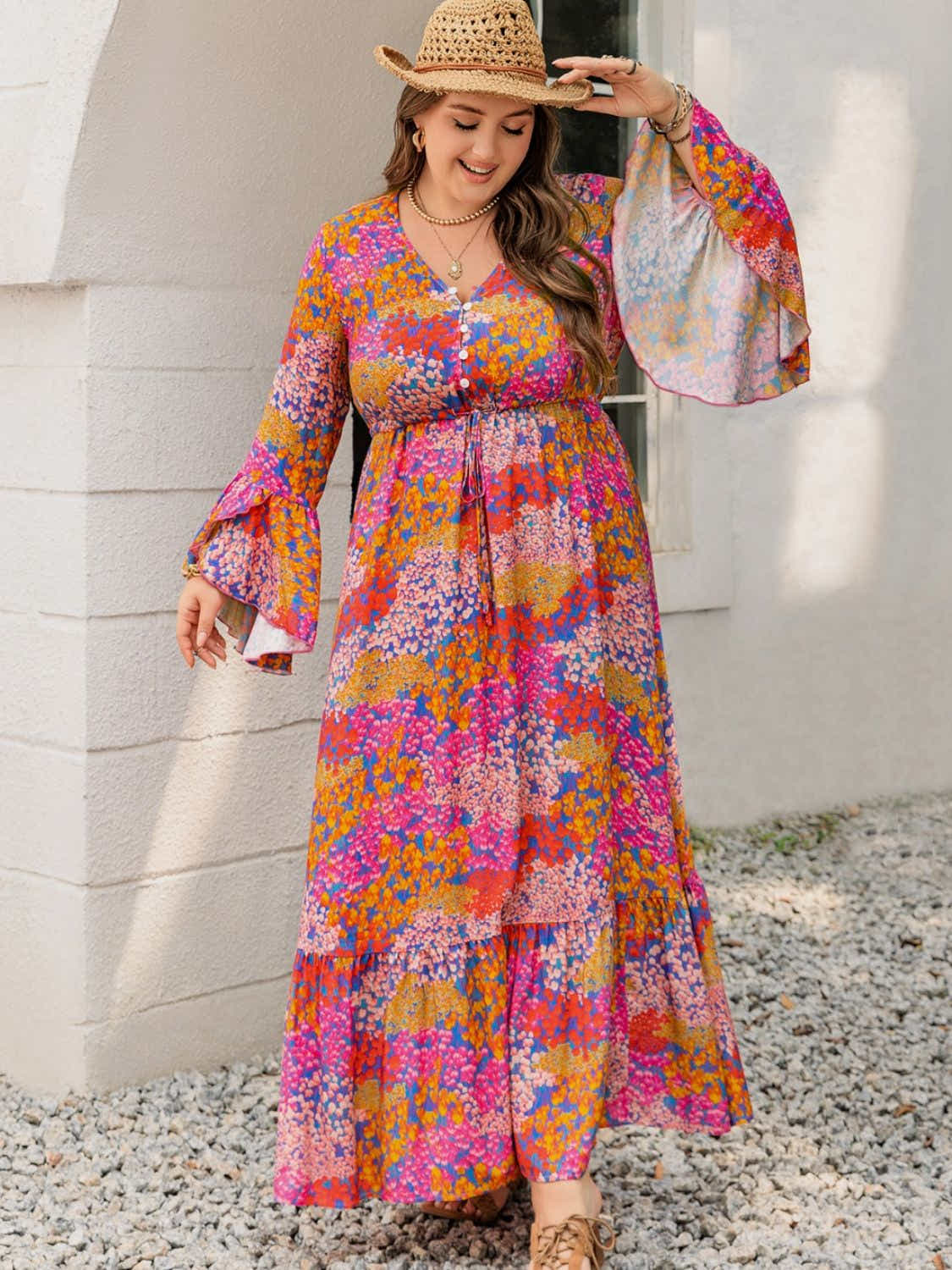 Plus Size Printed V-Neck Long Sleeve Maxi Dress Trendsi