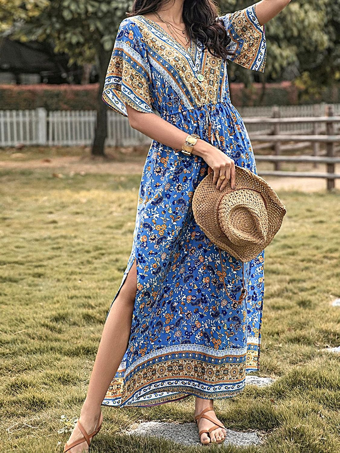 Elegant Printed Half Sleeve Dress with Slit - V-Neck Maxi Style in 100% Viscose Trendsi