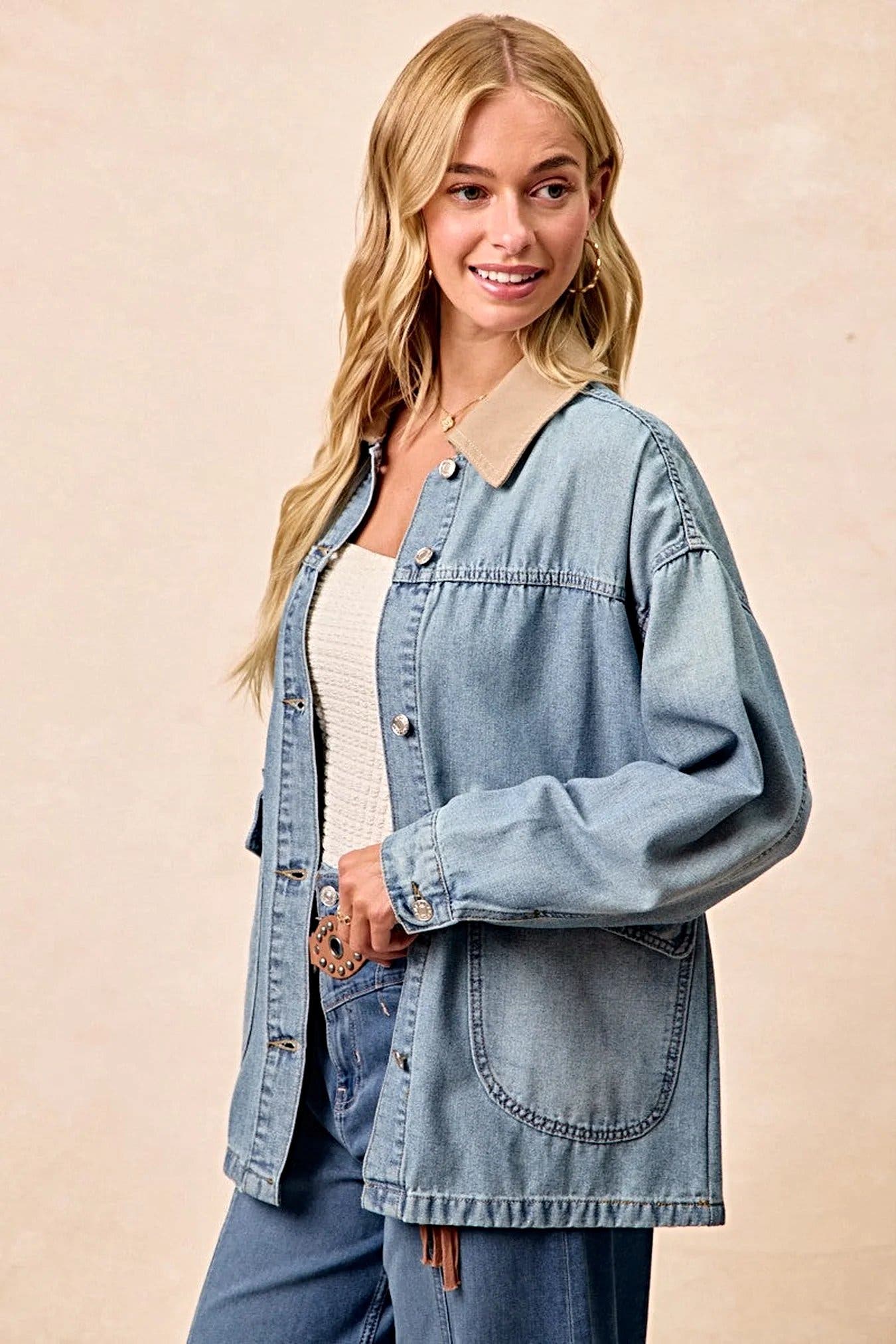 BiBi Washed Denim Jacket with Contrast Collar Detail -