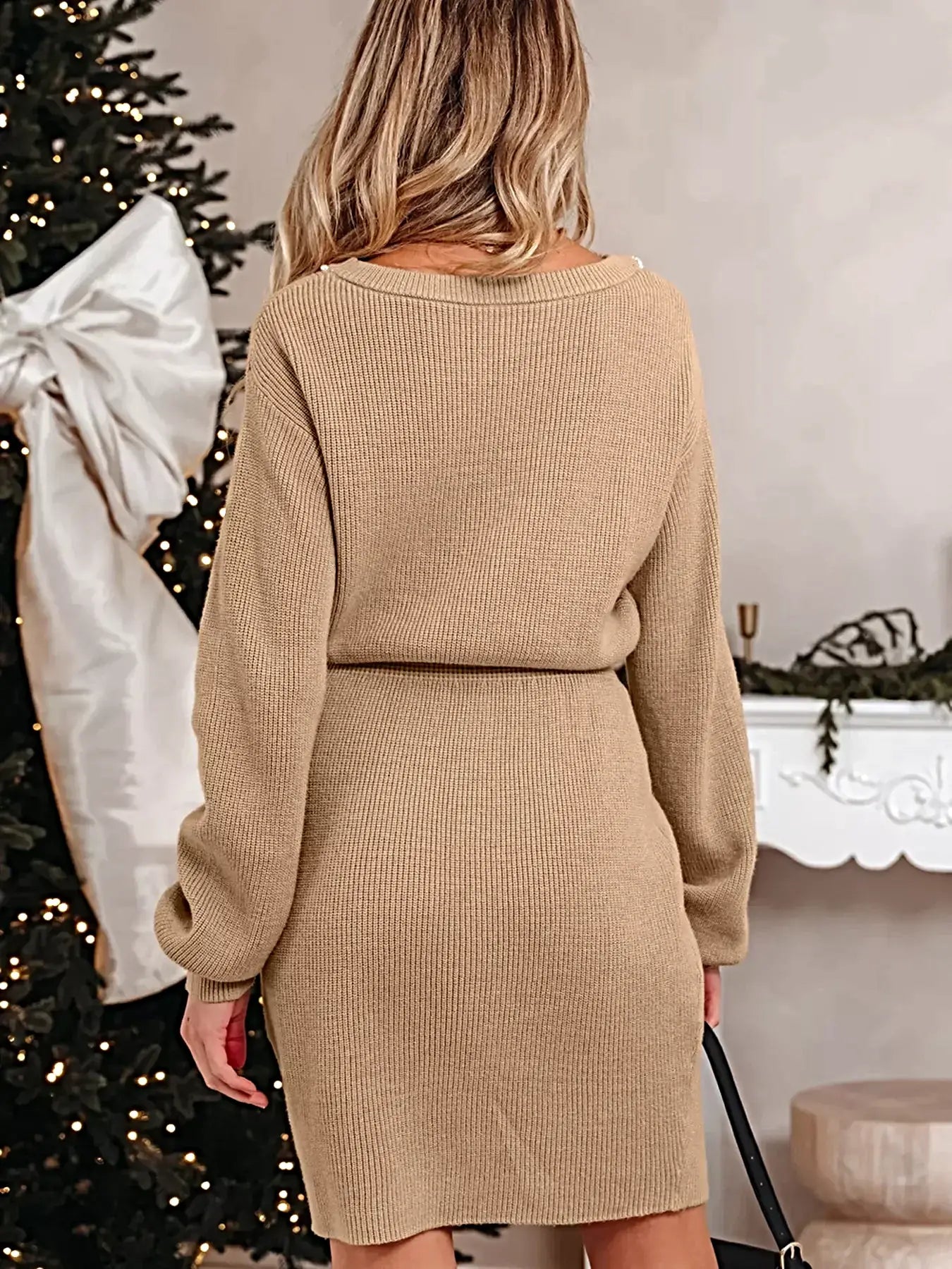 Pearl Embellished Keyhole Ribbed Sweater Dress -