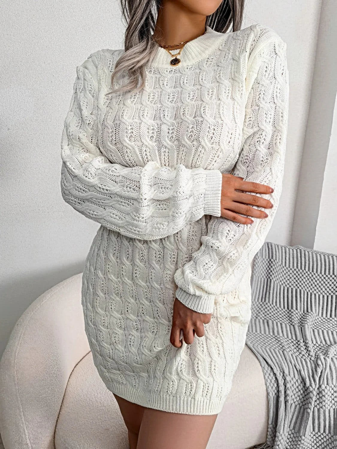 Luxury Cable Knit Sweater Dress with Round Neck and Mini Wrap Design – High-Quality Acrylic Trendsi