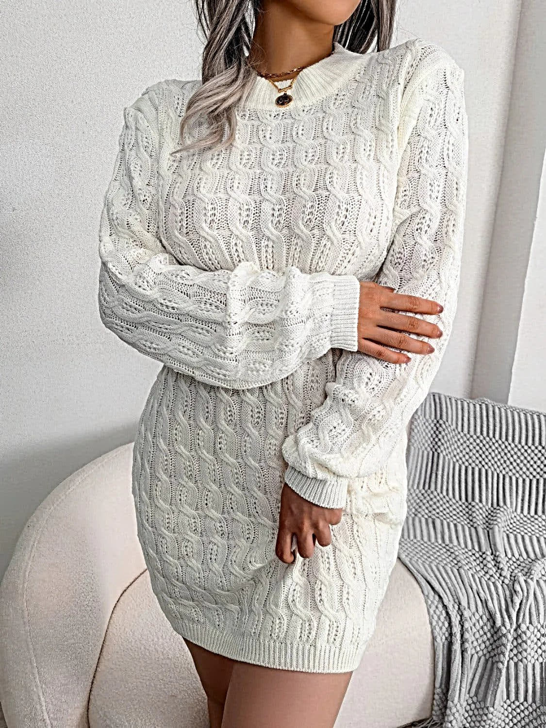Luxury Cable Knit Sweater Dress with Round Neck and Mini Wrap Design – High-Quality Acrylic -