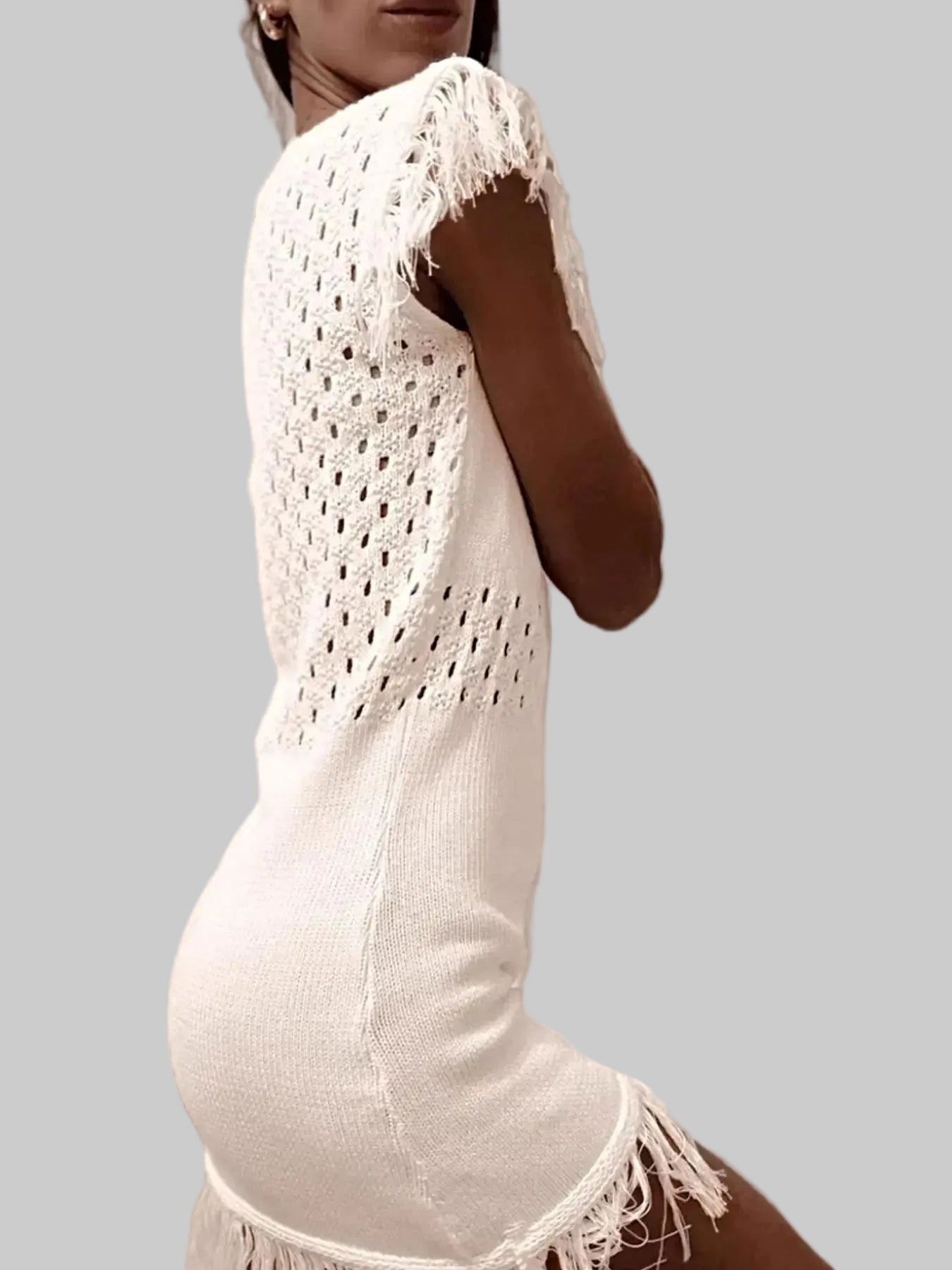 Fringe Crochet Boat Neck Sweater Dress -