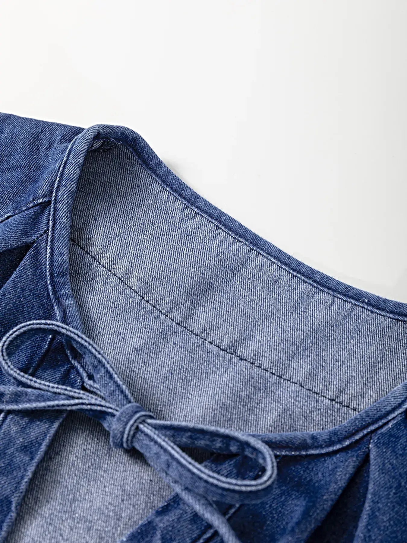 Drawstring High Waist Puff Sleeve Denim Mini Dress -