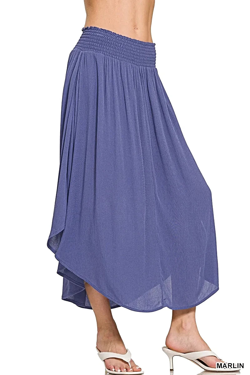 Zenana Woven Crinkle Smocked Waist Maxi Skirt W Pockets -