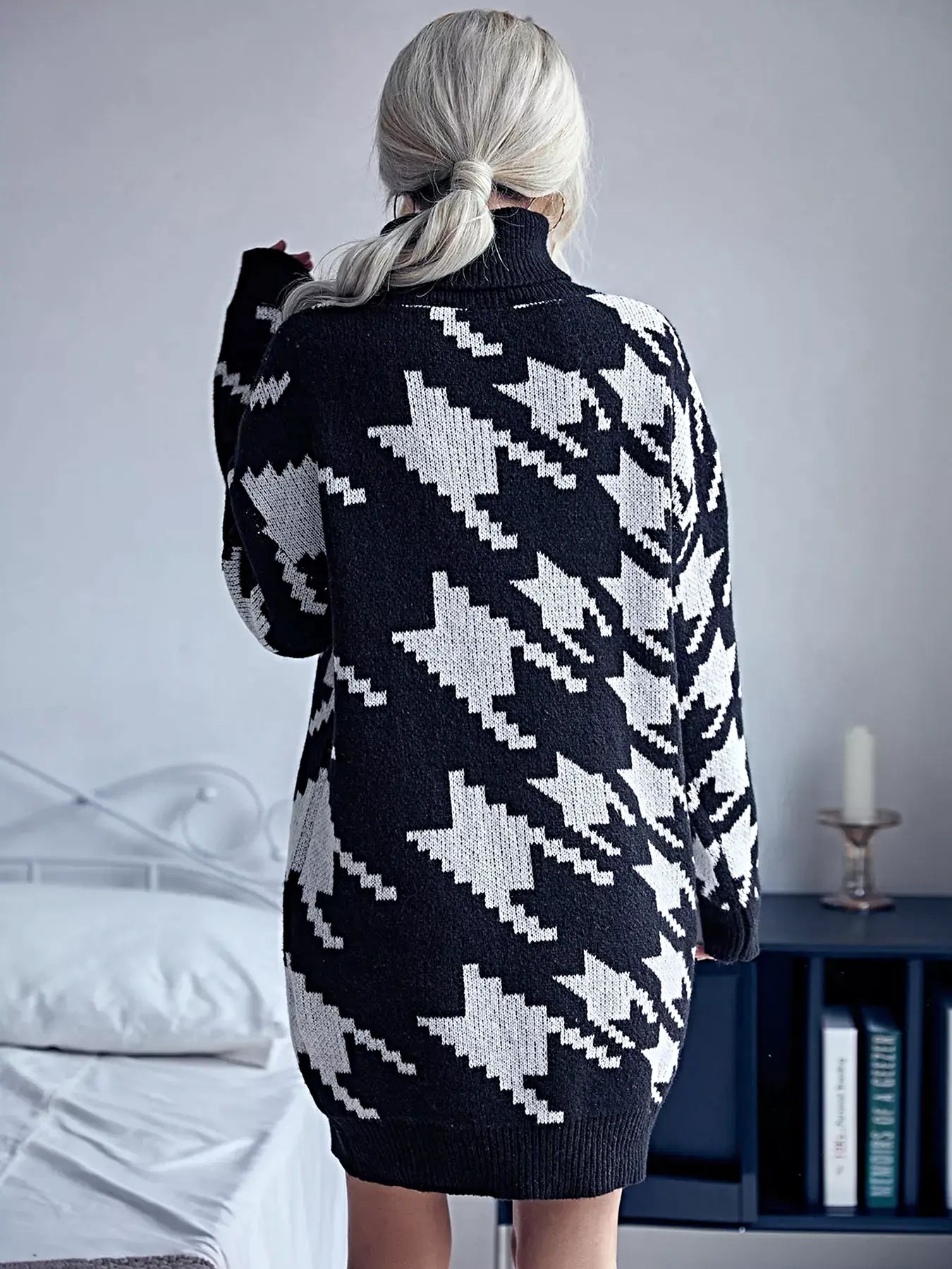 Houndstooth Pattern Turtleneck Sweater Dress -