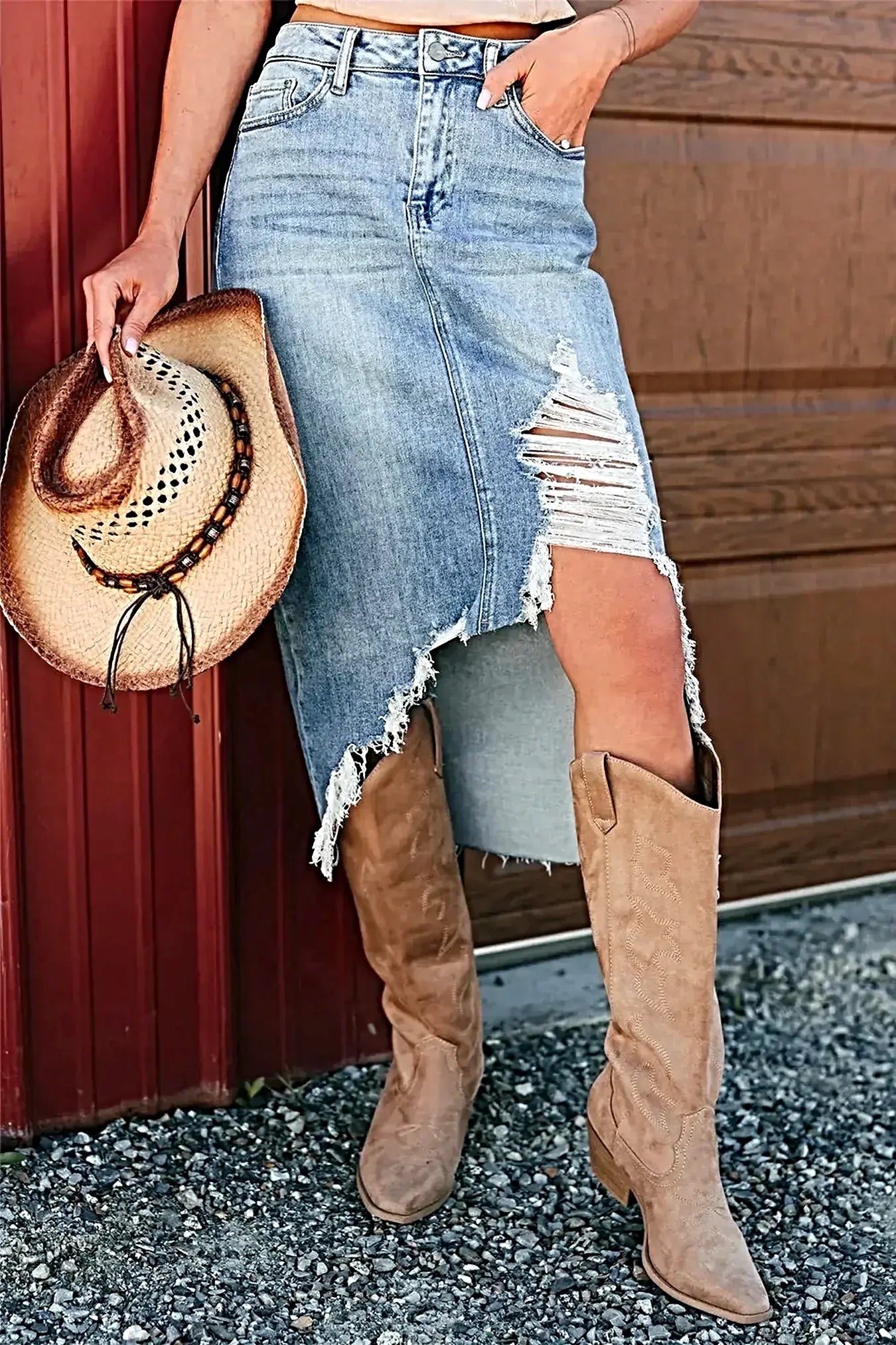 Distressed Asymmetrical Denim Skirt with Frayed Hem -
